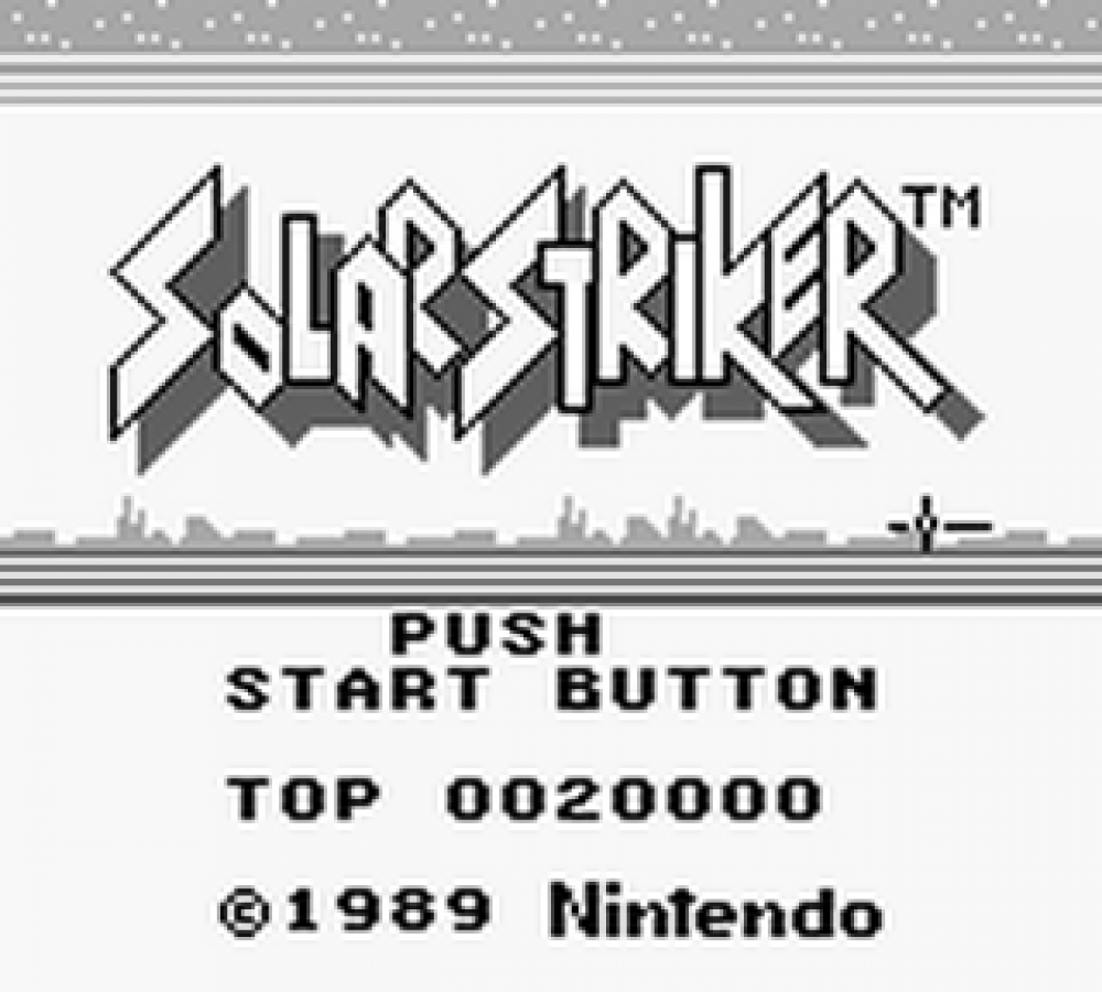 Title screen of 'Solar Striker' with text and graphics from Game Boy video game.