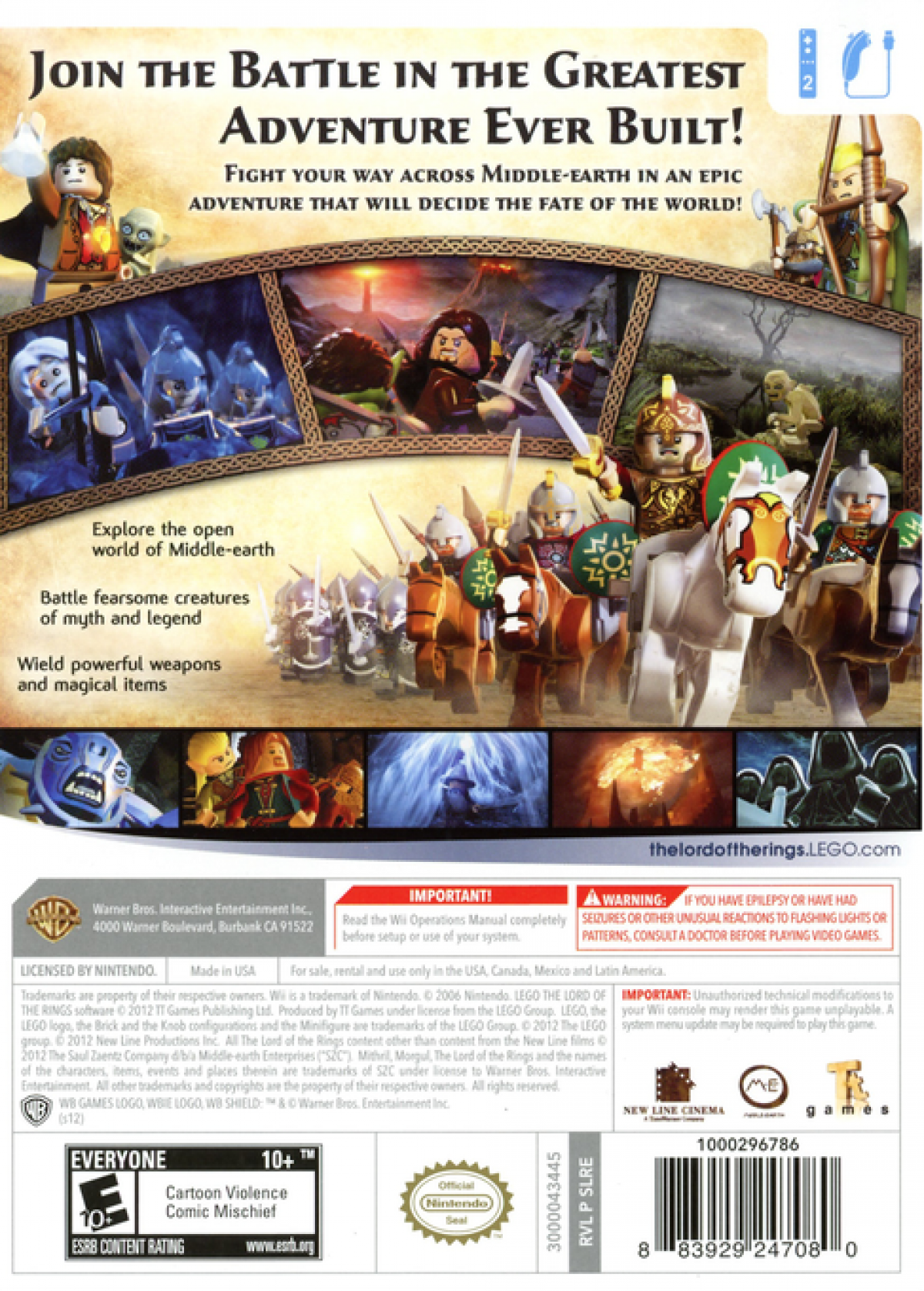 LEGO Lord of the Rings Nintendo Wii Wii video game featuring action adventure gameplay based on The Lord of the Rings iconic LEGO characters Middle earth exploration puzzle solving combat challenges and cooperative gameplay Nintendo Wii motion control gaming retro video game collection collectible gaming appeal back cover art