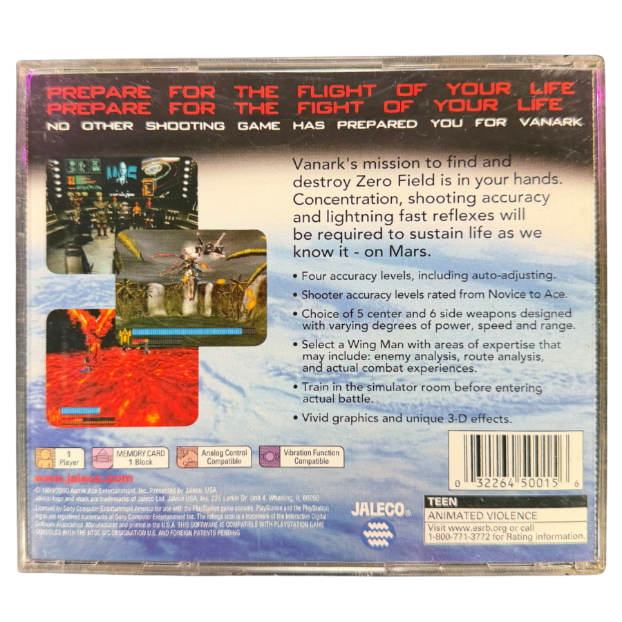 Vanark PlayStation PS1 for action shooter video game fans featuring futuristic space combat third person shooting gameplay alien enemies explosive battles sci fi environments challenging missions cinematic action and classic PlayStation gameplay collectible gaming appeal back cover art