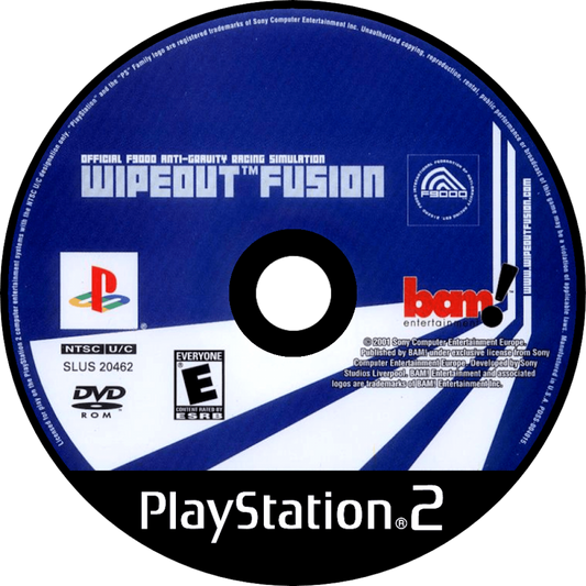 Wipeout Fusion PS2 Sony PlayStation 2 futuristic racing game anti gravity racing hovercraft high speed tracks electronic soundtrack combat racing weapons Psygnosis Studio Liverpool arcade racing PlayStation 2 software video game title disc