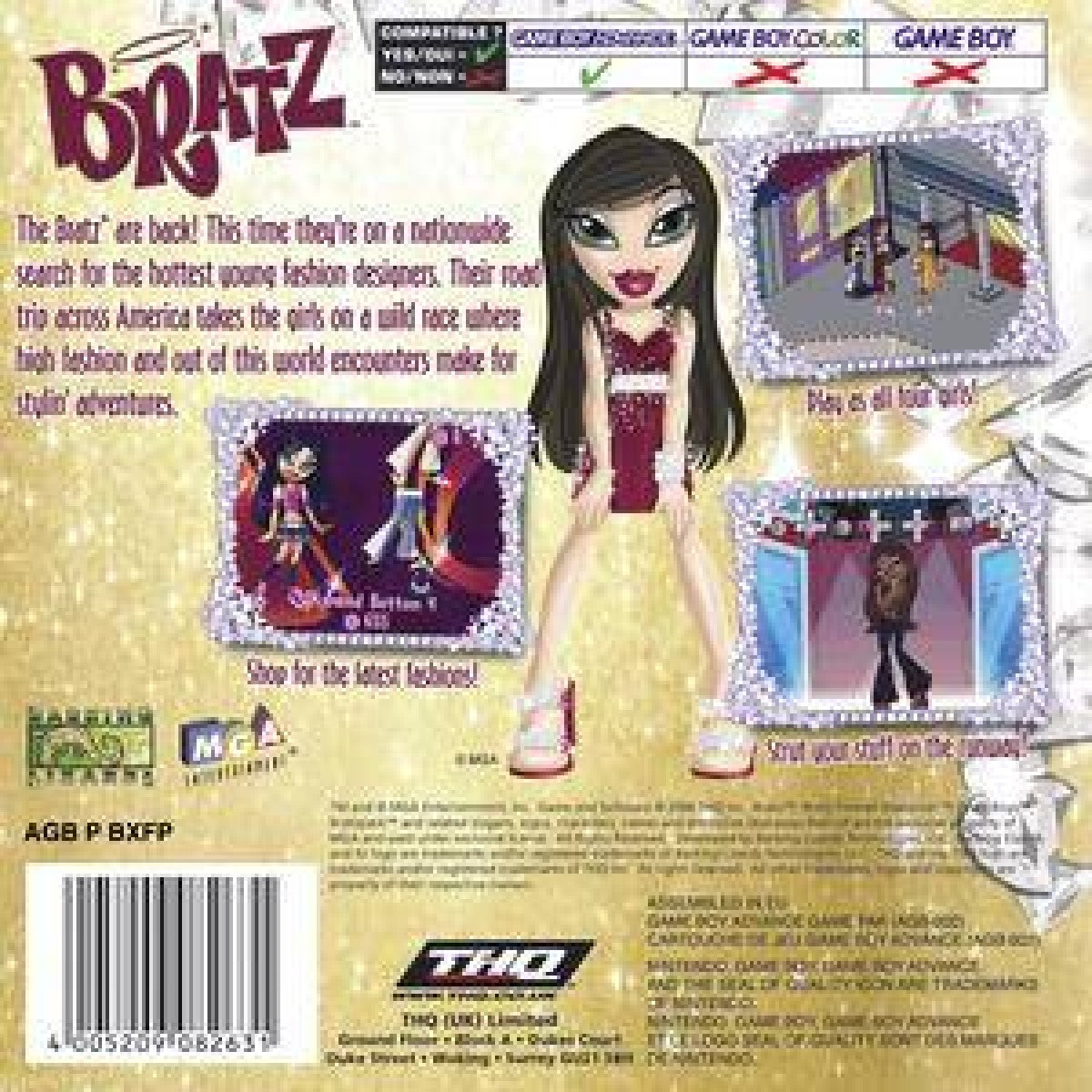 Bratz Forever Diamondz Game Boy Advance GBA video game, fashion and adventure gameplay, character customization, handheld console title back cover