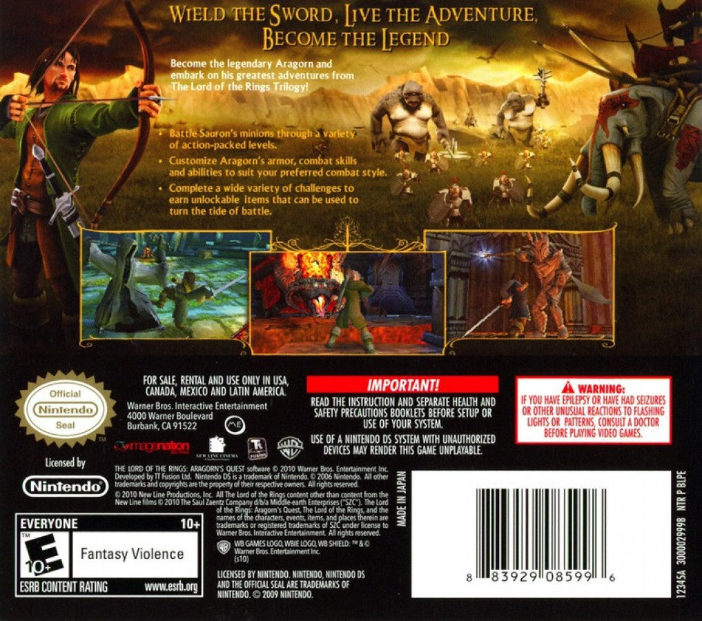 Lord of the Rings: Aragorn's Quest back of case for Nintendo DS (DS) fantasy action adventure video game