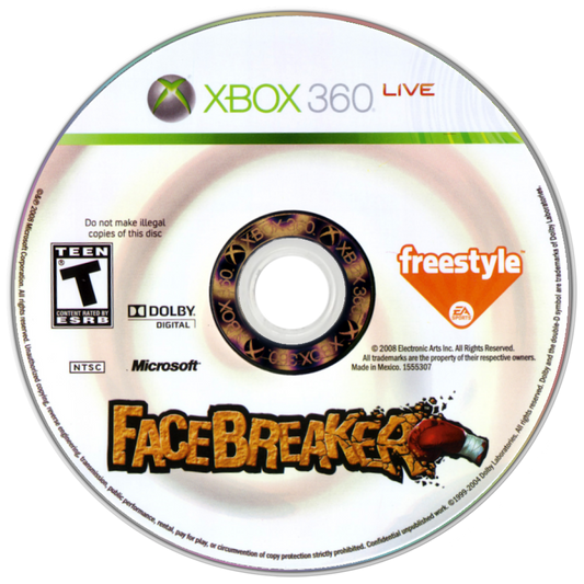 FaceBreaker Xbox 360 for sports fighting video game fans featuring over the top arcade boxing gameplay colorful cartoon style characters powerful knockout punches fast paced multiplayer matches unique special moves humorous action and competitive brawling collectible gaming appeal game disc