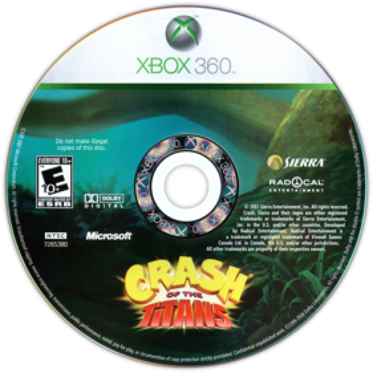 Crash of the Titans Xbox 360 X360 for action platforming video game fans featuring Crash Bandicoot combat mutant enemies jungle environments enemy hijacking abilities platforming challenges colorful levels boss battles and fast paced cartoon adventure gameplay collectible gaming appeal disc