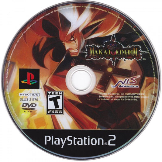 Makai Kingdom Chronicles of the Sacred Tome game for the PlayStation 2 featuring tactical RPG gameplay with grid free movement humorous storylines character customization and strategic battles in a colorful Netherworld setting disc