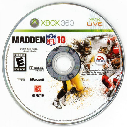 Madden NFL 10 disc for Xbox 360 (X360) sports football video game