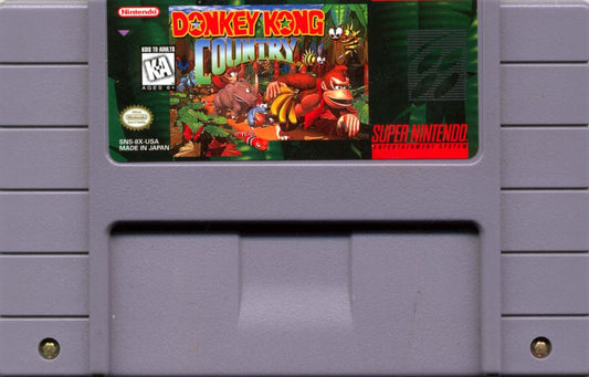 Donkey Kong Country for Super Nintendo Entertainment System (SNES) – original cartridge with classic jungle cover art featuring Donkey Kong and Diddy Kong cartridge