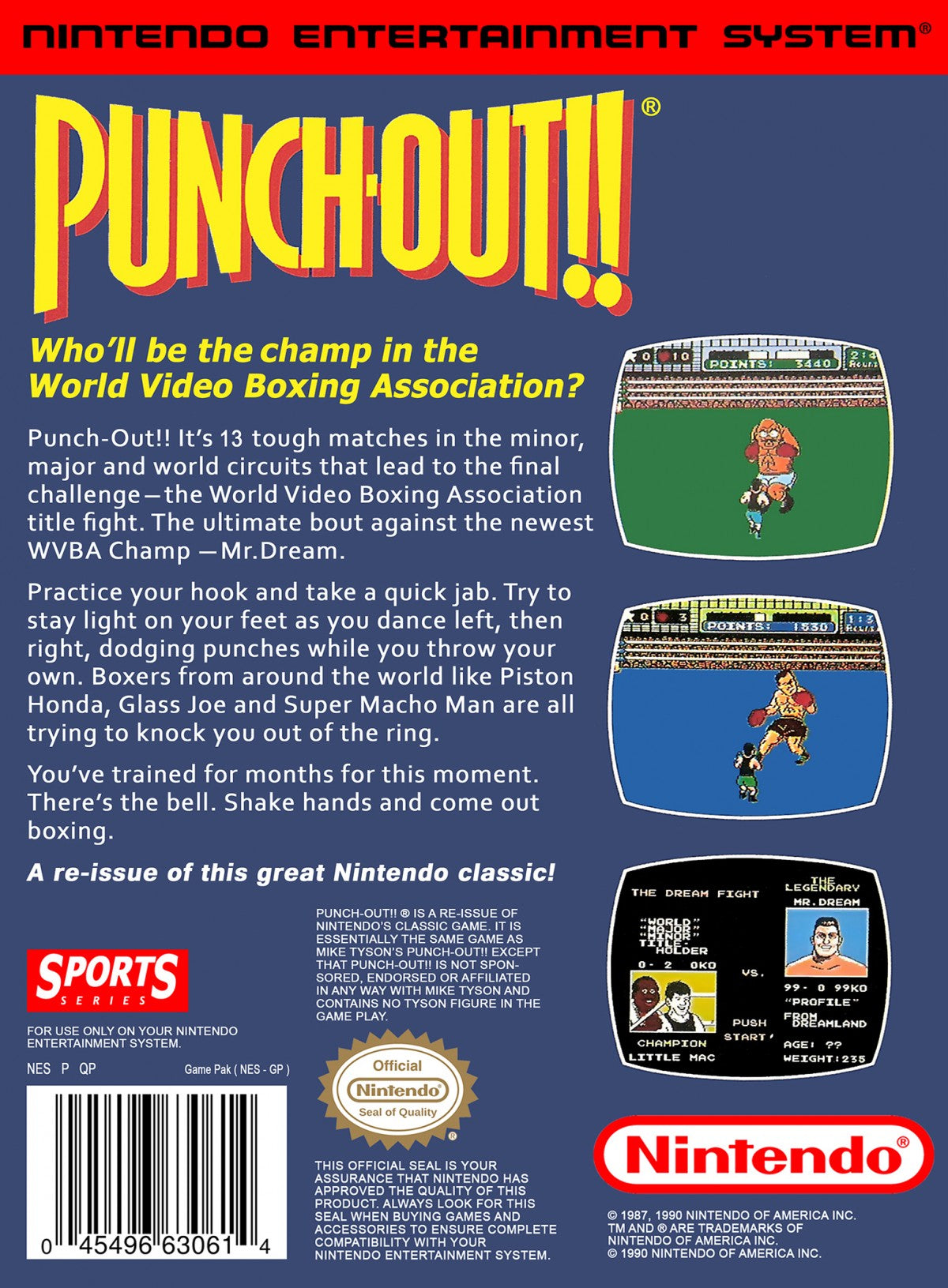 Punch Out Nintendo Entertainment System NES video game featuring boxing sports gameplay Little Mac boxing matches opponent battles dodging punches counter attacks knockout challenges training and classic 8 bit Nintendo arcade sports gameplay retro video game collection collectible gaming appeal back cover art