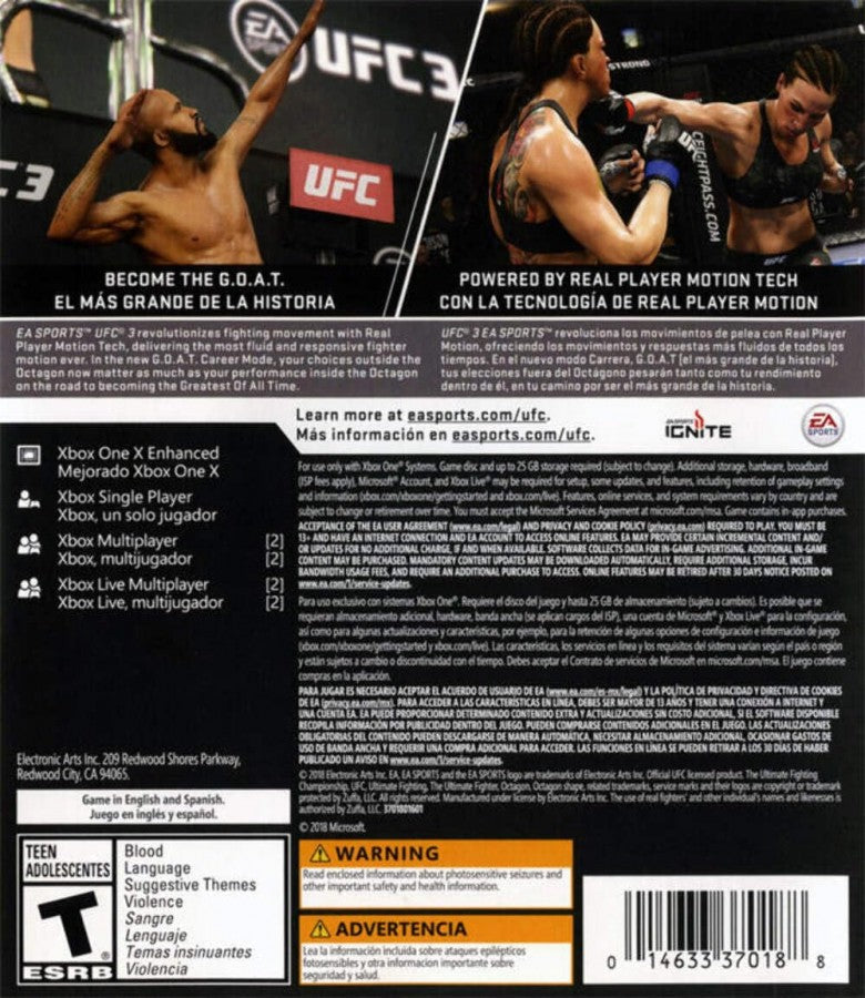 UFC 3 Xbox One for retro video game enthusiasts featuring mixed martial arts fighting gameplay realistic striking and grappling systems career mode progression competitive online multiplayer authentic UFC fighters and collectible gaming appeal back cover
