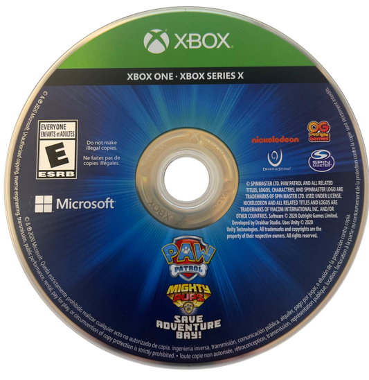 Paw Patrol: Mighty Pups Save Adventure Bay for Xbox One, disc image for a family-friendly action-adventure kids video game