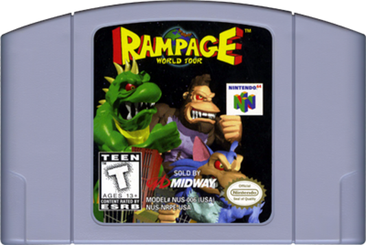 Rampage World Tour cartridge for the Nintendo 64 featuring arcade style destruction gameplay with giant monsters smashing cities battling military forces and cooperative multiplayer chaos across multiple locations cartridge