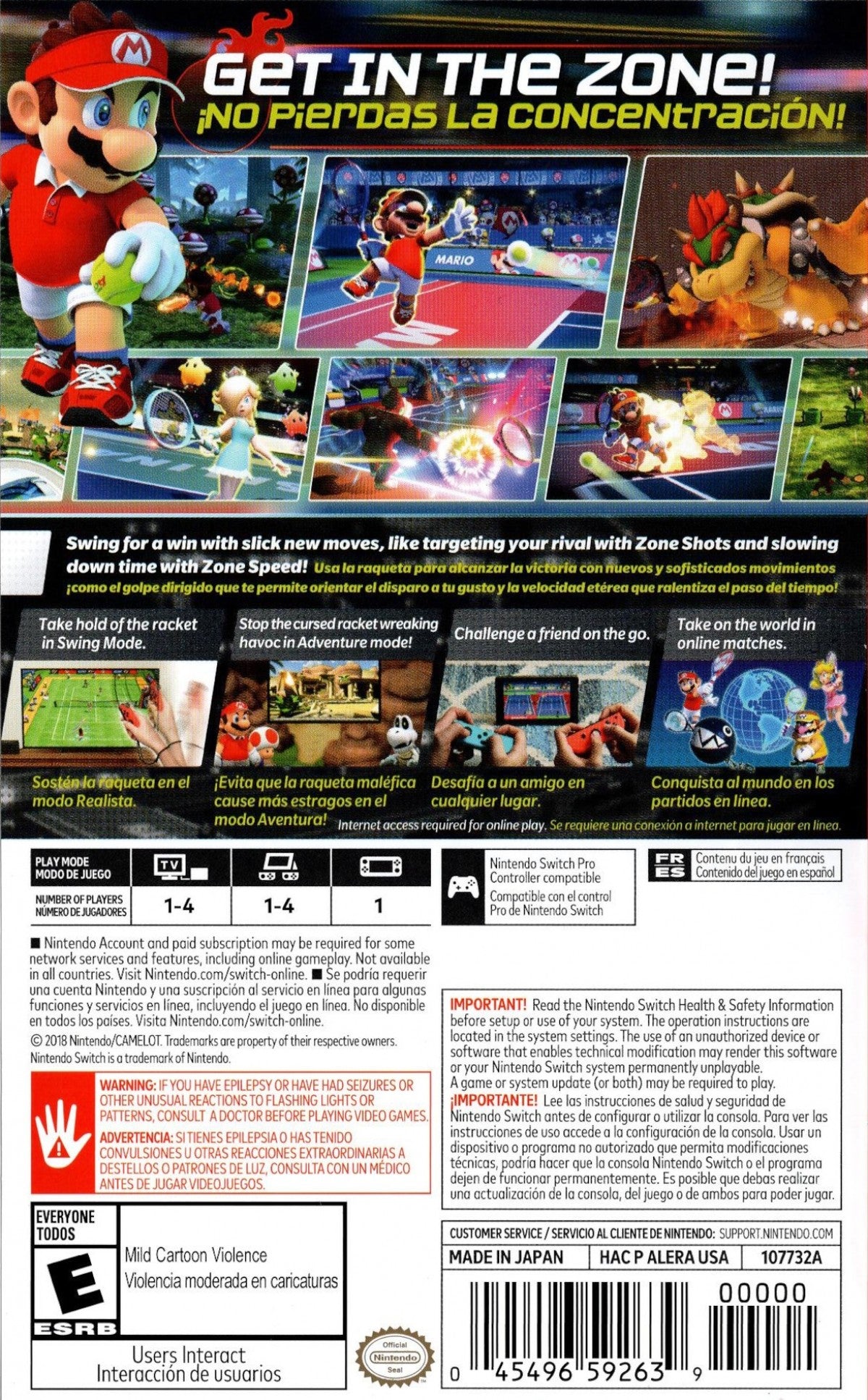 Mario Tennis Aces for Nintendo Switch (NS) featuring fast-paced tennis where Mario and friends use powerful Zone Shots and Special Shots to dominate the court; enjoy the return of a dedicated Story Mode and intense online tournaments in this strategic, high-energy sports title back cover