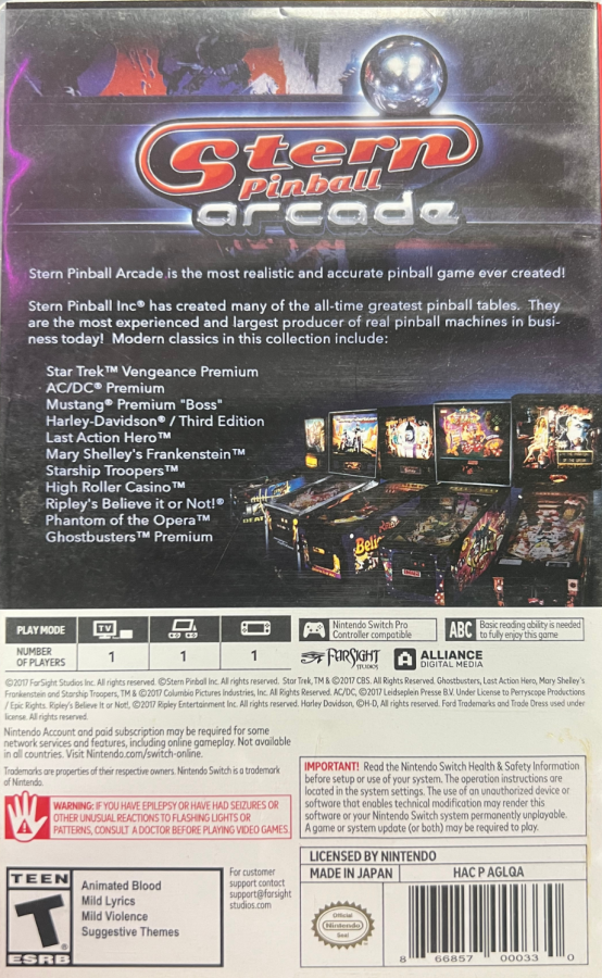 Stern Pinball Arcade Nintendo Switch NS for pinball video game fans featuring realistic digital pinball tables authentic Stern Pinball machines arcade gameplay high score challenges detailed table designs multiple game modes physics based action and portable gaming entertainment collectible gaming appeal back cover art