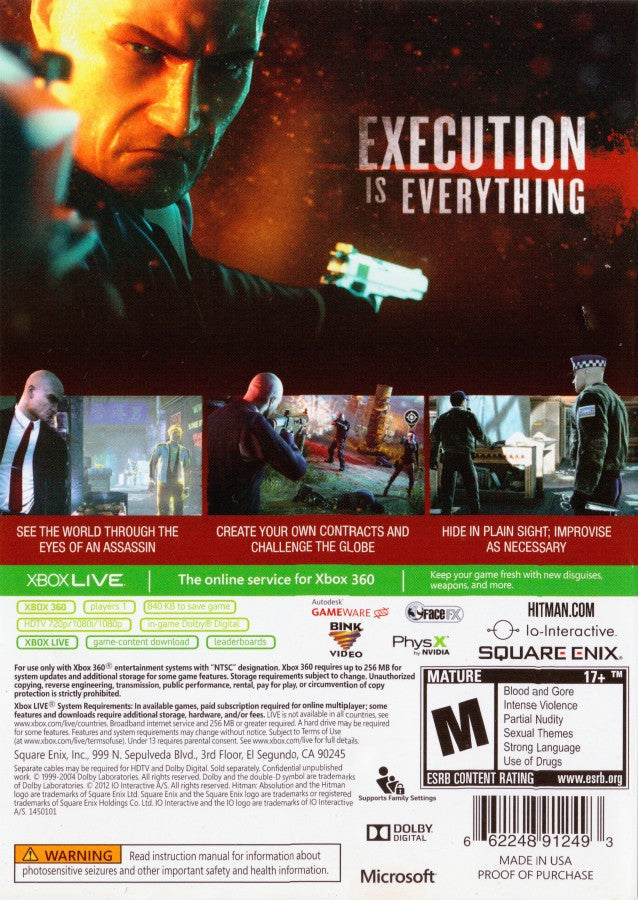 Hitman Absolution Xbox 360 game featuring stealth assassination gameplay and cinematic action missions back cover image Art