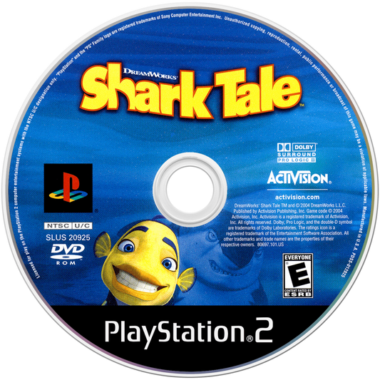 Shark Tale disc for the PlayStation 2 featuring action adventure gameplay based on the DreamWorks film with underwater missions mini games and story driven levels starring Oscar and friends in Reef City disc