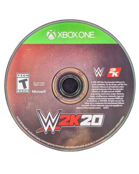 WWE 2K20 Xbox One video game, professional wrestling sports simulation, WWE superstars and career modes, multiplayer gameplay, console title disc