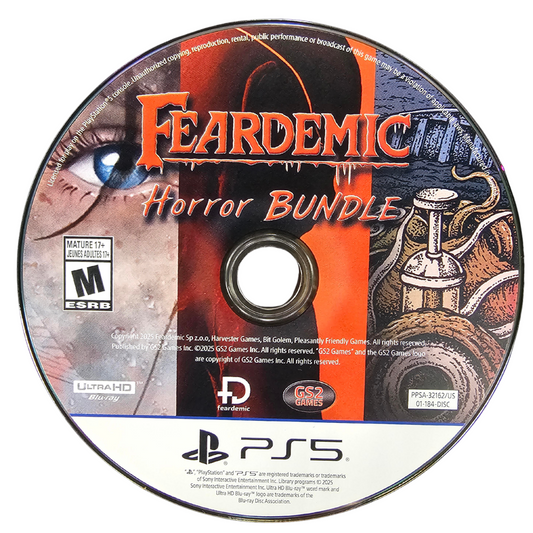 Feardemic Horror Bundle PlayStation 5 PS5 for horror video game fans featuring multiple terrifying games psychological horror survival horror dark atmospheric environments creepy enemies disturbing stories exploration puzzle solving intense suspense and immersive horror gameplay collectible gaming appeal game disc