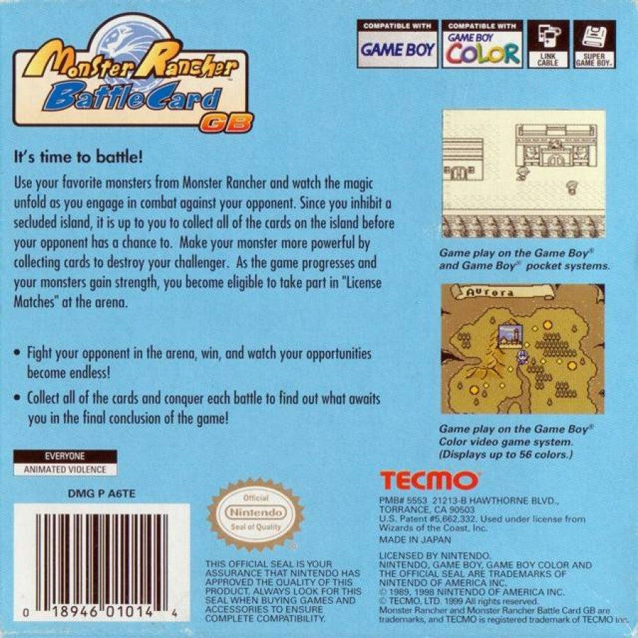 Monster Rancher Battle Card Game Boy Color GBC video game featuring monster collecting card battle gameplay strategic deck building creature cards turn based battles monster training collectible card combinations tactical combat rival duels fantasy creatures and classic Nintendo handheld gaming retro video game collection collectible gaming appeal back cover art