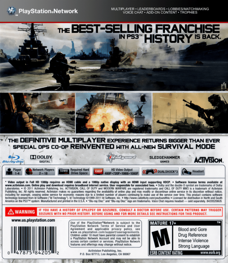 Call of Duty: Modern Warfare 3 back cover art for PlayStation 3 (PS3) video game