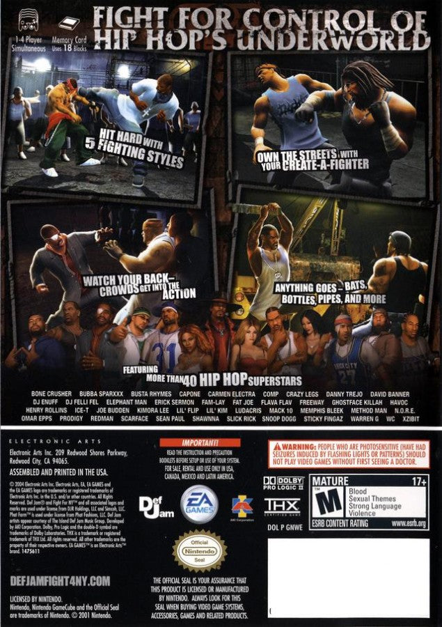 Def Jam Fight for NY Nintendo GameCube GC for fighting action video game fans featuring hip hop inspired street fighting intense hand to hand combat wrestling and martial arts styles story driven career mode character customization famous music artists multiplayer battles and urban fighting gameplay collectible gaming appeal back cover art