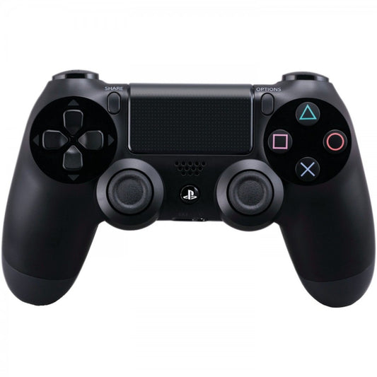Black Sony DualShock 4 wireless controller for PlayStation 4 featuring touchpad, light bar, analog sticks, and ergonomic design