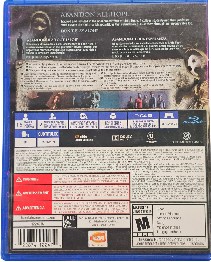 The Dark Pictures Anthology Little Hope PlayStation 4 PS4 for retro video game enthusiasts featuring cinematic horror adventure gameplay branching narrative choices supernatural mystery exploration character driven storytelling suspenseful decision making and collectible gaming appeal back cover art