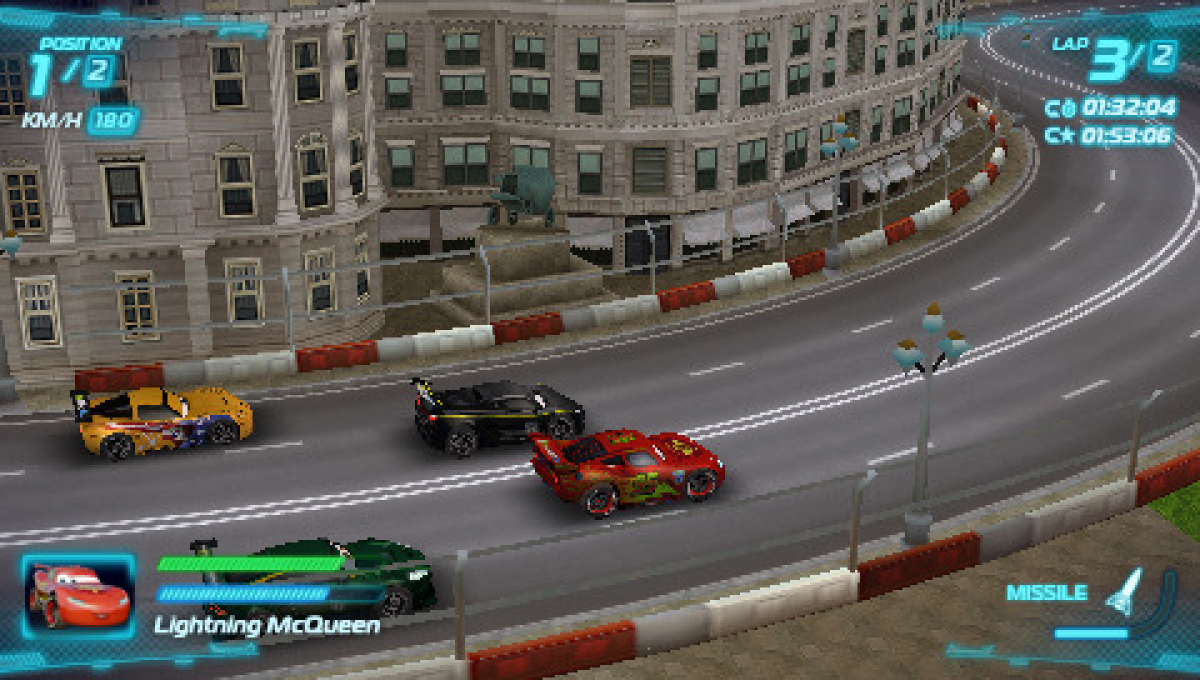 Cars 2 UMD for the PlayStation Portable featuring racing gameplay based on the Disney Pixar film with spy themed missions character abilities power ups and multiplayer modes as players control Lightning McQueen Mater and other characters across global tracks gameplay