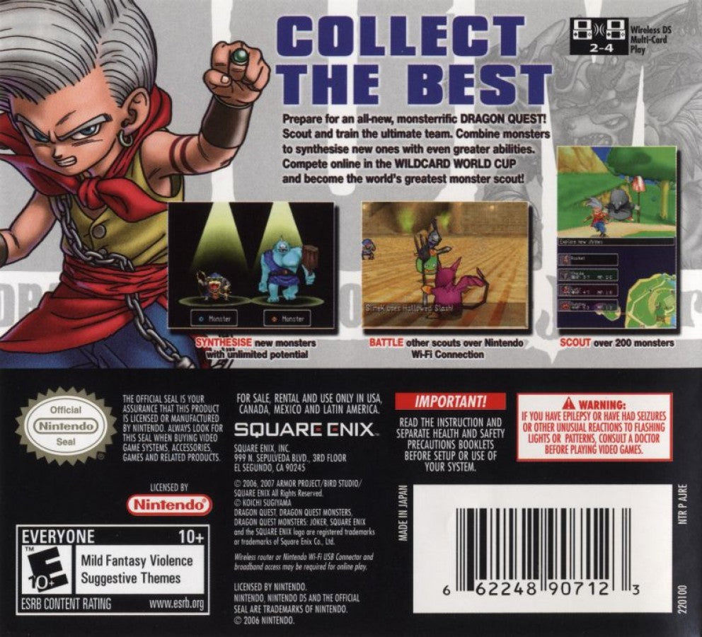 Dragon Quest Monsters Joker cartridge for the Nintendo DS featuring monster collecting RPG gameplay with turn based battles creature synthesis and open island exploration in the Dragon Quest universe back cover