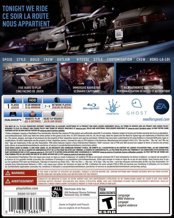 Need for Speed – PlayStation 4 (PS4) video game back of case, arcade street racing game.