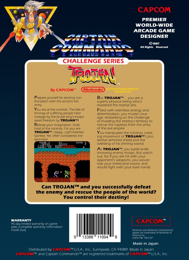 Trojan 5 Screw Nintendo Entertainment System NES video game featuring side scrolling action gameplay martial arts combat enemy battles weapon attacks challenging stages boss fights arcade style action and classic 8 bit Nintendo gameplay retro video game collection collectible gaming appeal back cover art