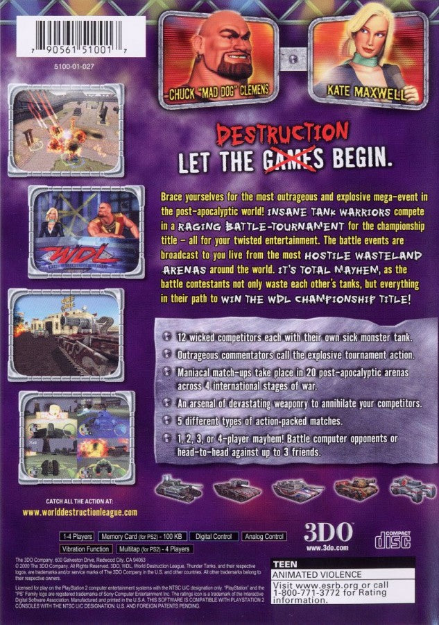 World Destruction League: Thunder Tanks – PlayStation 2 (PS2) video game back of case, vehicular combat.