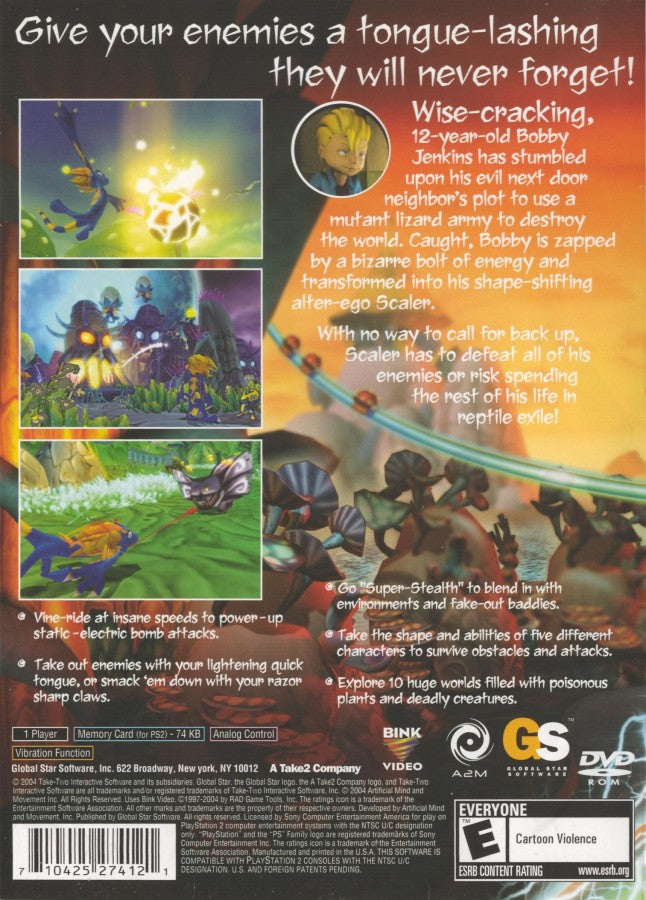 Scaler PlayStation 2 PS2 for action platforming video game fans featuring colorful 3D platforming gameplay shape shifting lizard hero fast paced combat puzzle solving vibrant fantasy worlds collectible upgrades challenging levels family friendly adventure collectible gaming appeal back cover art