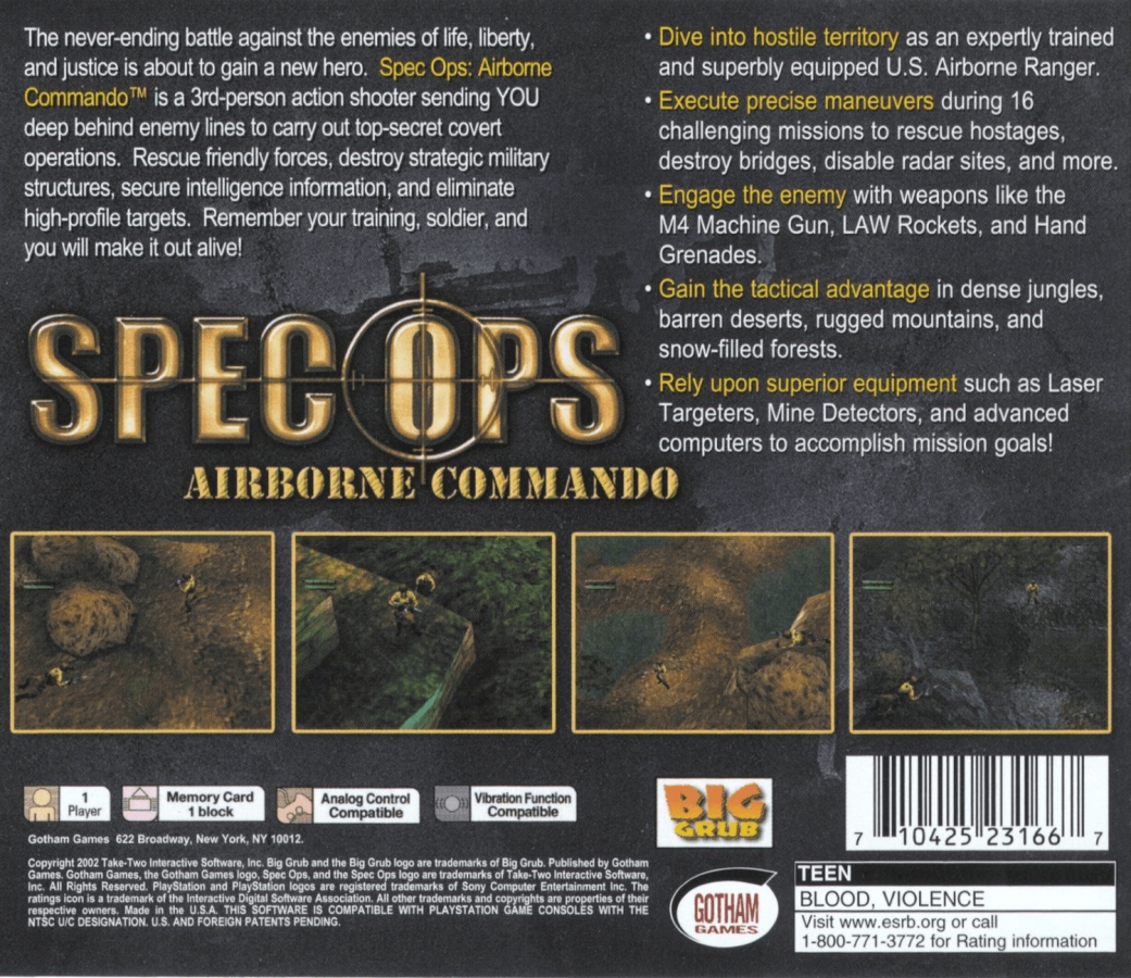 Spec Ops: Airborne Commando back of case for PlayStation 1 (PS1) third-person shooter video game