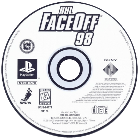 NHL FaceOff 98 disc for PlayStation 1 (PS1) retro ice hockey video game