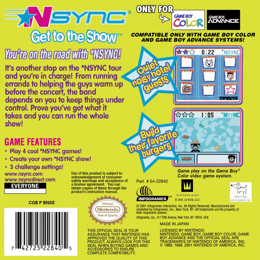 NSYNC Get to the Show for Game Boy Color, back of case for a rhythm music video game with performance mini-games, timing-based gameplay, band-themed challenges, and pop concert simulation