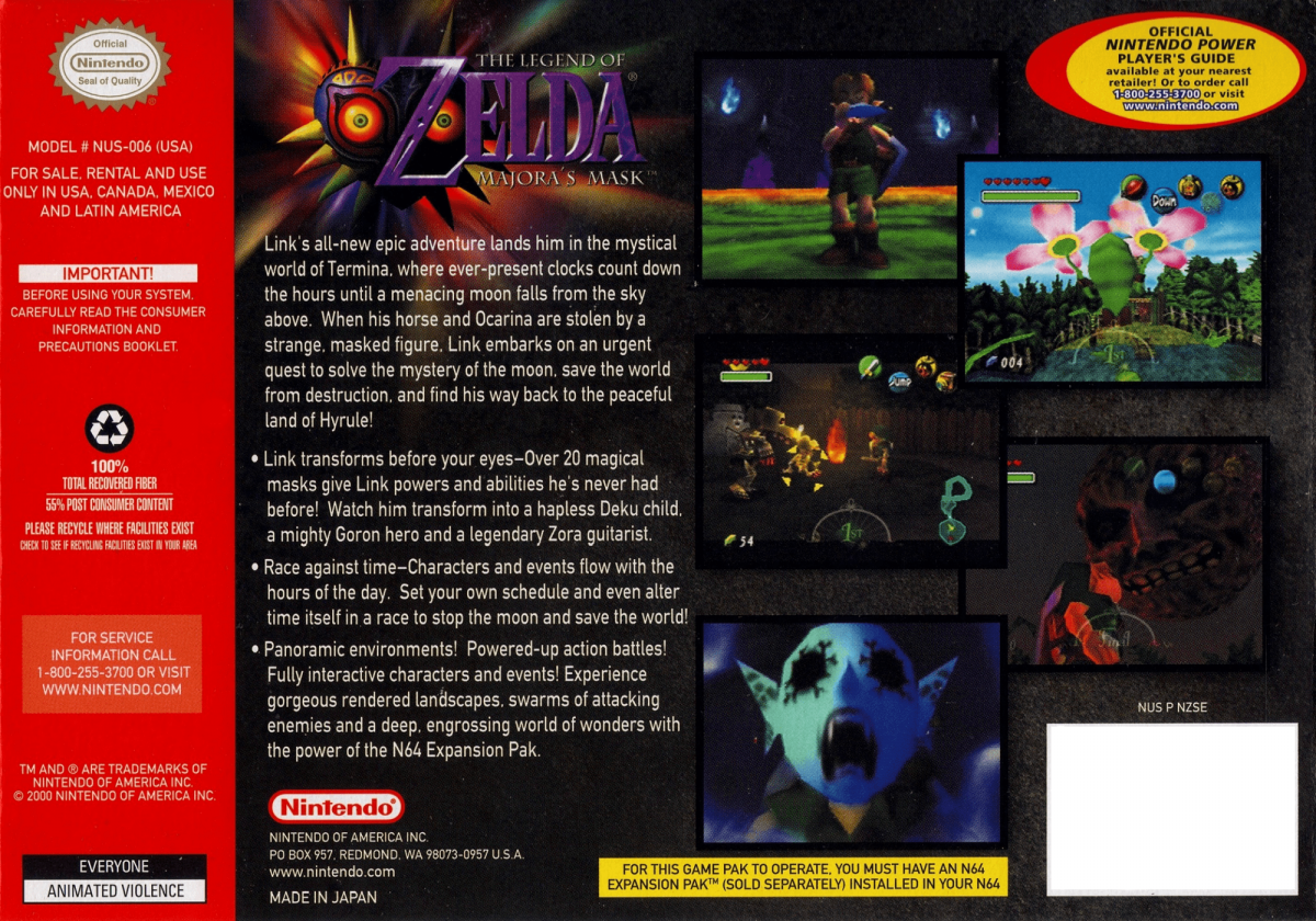 The Legend of Zelda Majora's Mask back cover art for Nintendo 64 (N64) video game