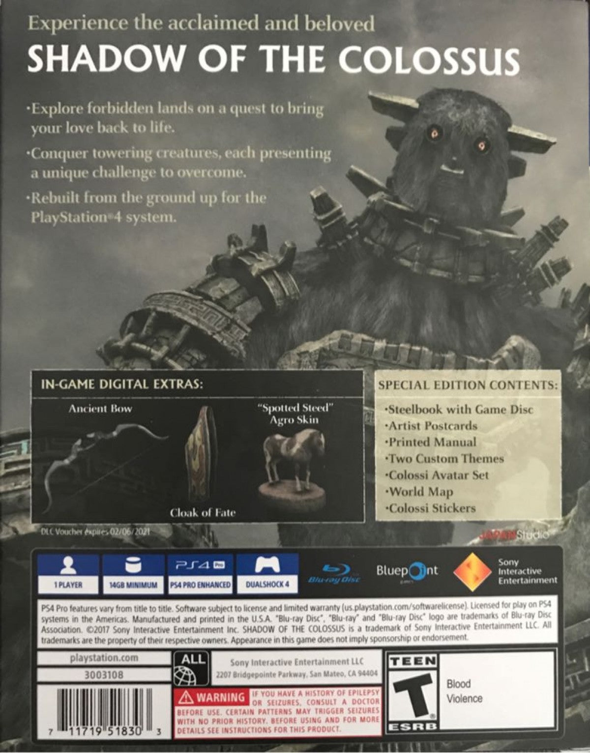 Shadow of the Colossus – PlayStation 4 (PS4) video game back of case, action-adventure title