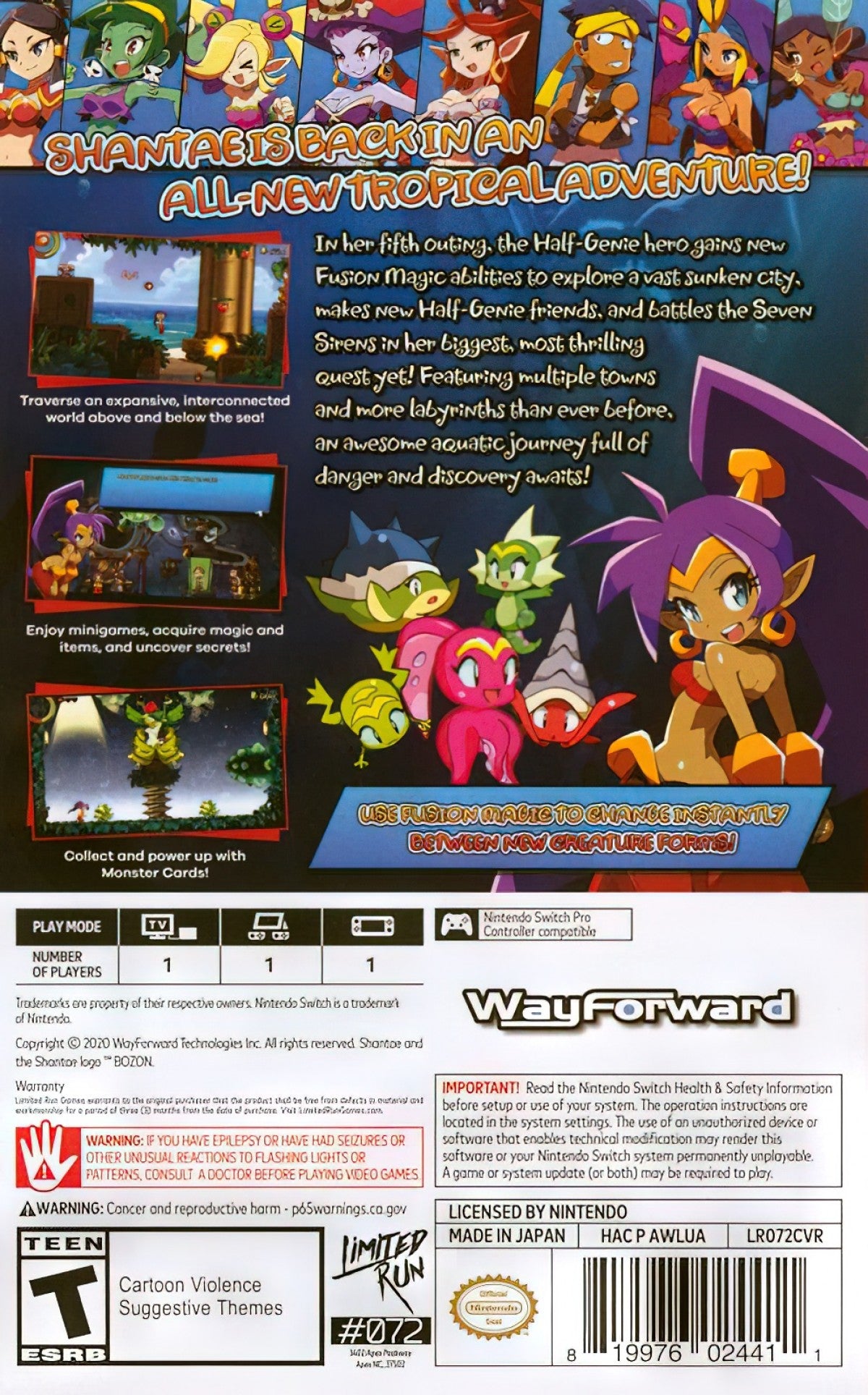 Shantae and the Seven Sirens Nintendo Switch game featuring vibrant platforming, magic abilities, and Metroidvania-style adventure gameplay back cover