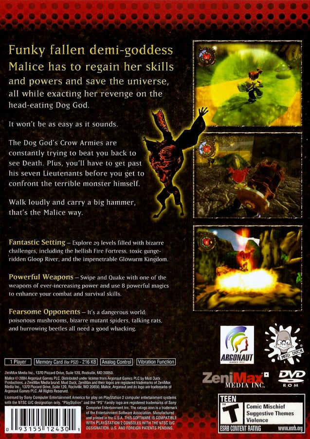 Malice PS2 PlayStation 2 action platformer retro video game back of case