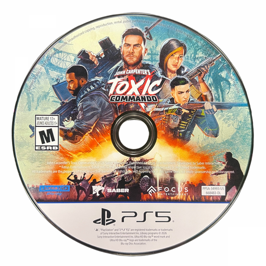John Carpenter's Toxic Commando PlayStation 5 PS5 for first person shooter action video game fans featuring intense zombie combat explosive weapons chaotic hordes cooperative multiplayer missions fast paced gunplay over the top action and horror inspired gameplay from legendary filmmaker John Carpenter collectible gaming appeal disc