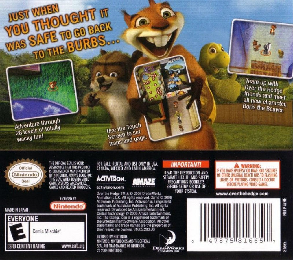 Over the Hedge Hammy Goes Nuts for Nintendo DS (DS), back of case for a retro video game featuring action-adventure gameplay, fast-paced mini-games, character-based missions, puzzle-solving, and movie-inspired cartoon fun