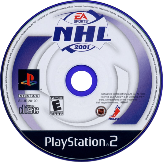 NHL 2001 – PlayStation 2 (PS2) video game disc, ice hockey simulation.