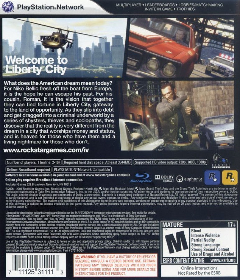 Grand Theft Auto IV Greatest Hits PS3 open-world action crime adventure game for PlayStation 3 back cover