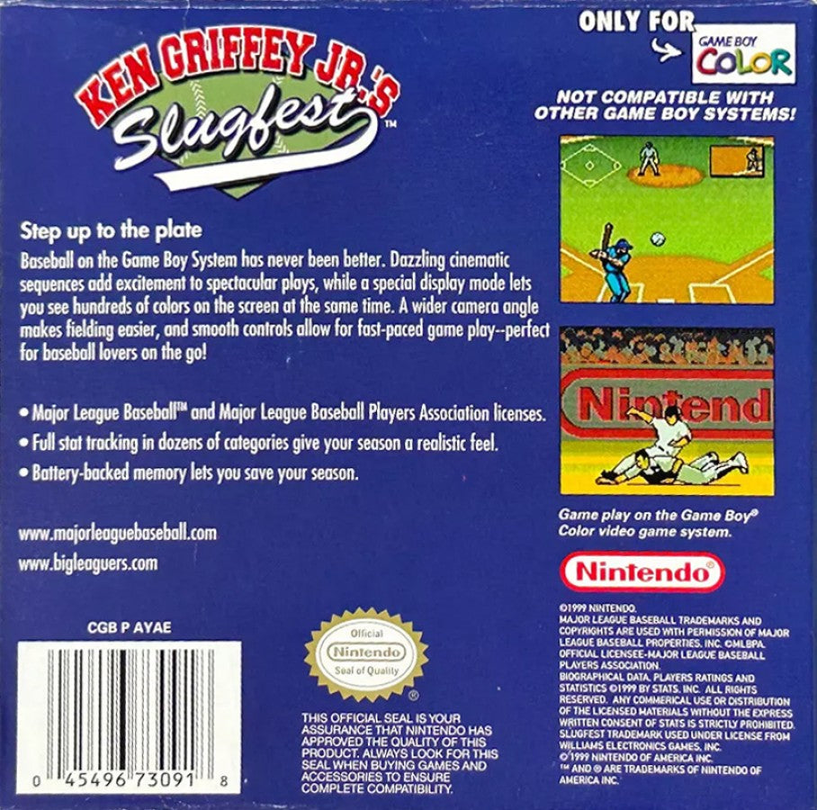Ken Griffey Jr.'s Slugfest Game Boy Color GBC for baseball sports video game fans featuring Major League Baseball action Ken Griffey Jr gameplay batting pitching fielding base running home runs and fast paced portable baseball gameplay collectible gaming appeal back cover art