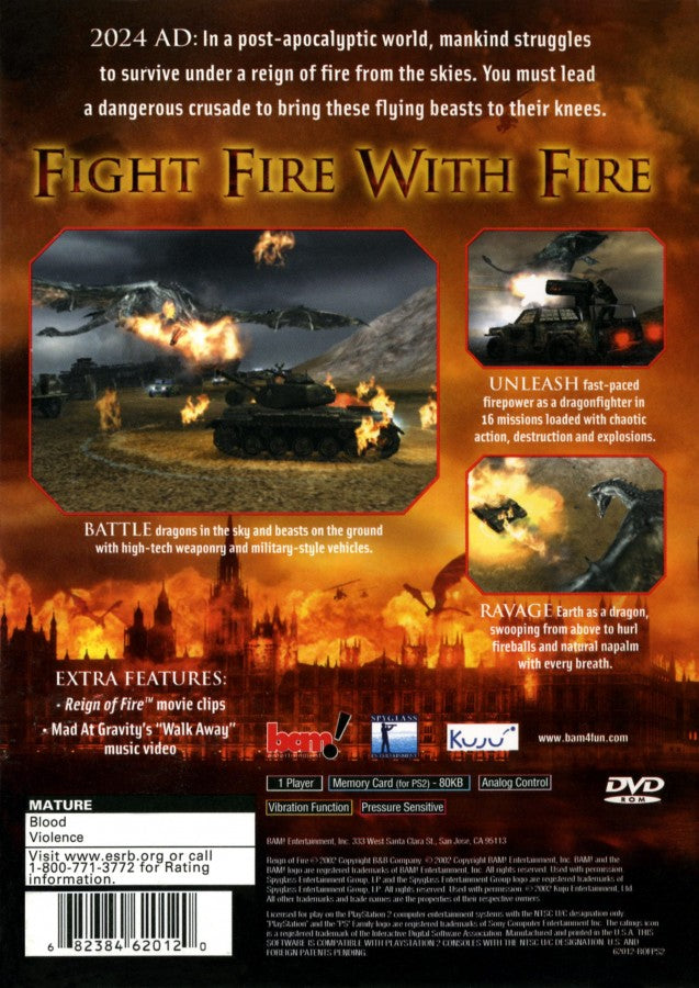 Reign of Fire PS2 PlayStation 2 action shooter dragon combat game retro video game back of case