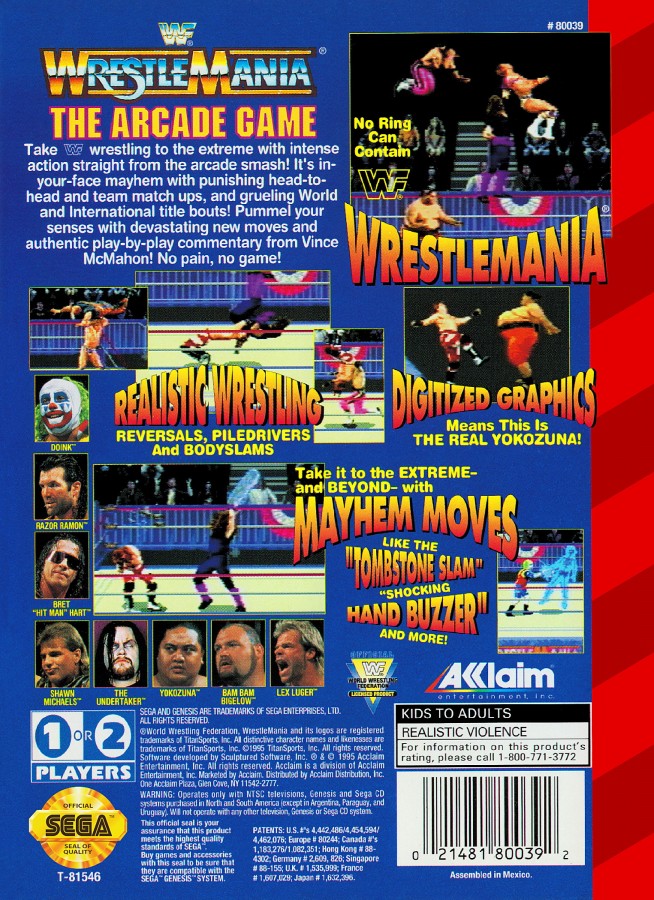 WWF Wrestlemania: The Arcade Game back cover art for Sega Genesis (GEN) video game
