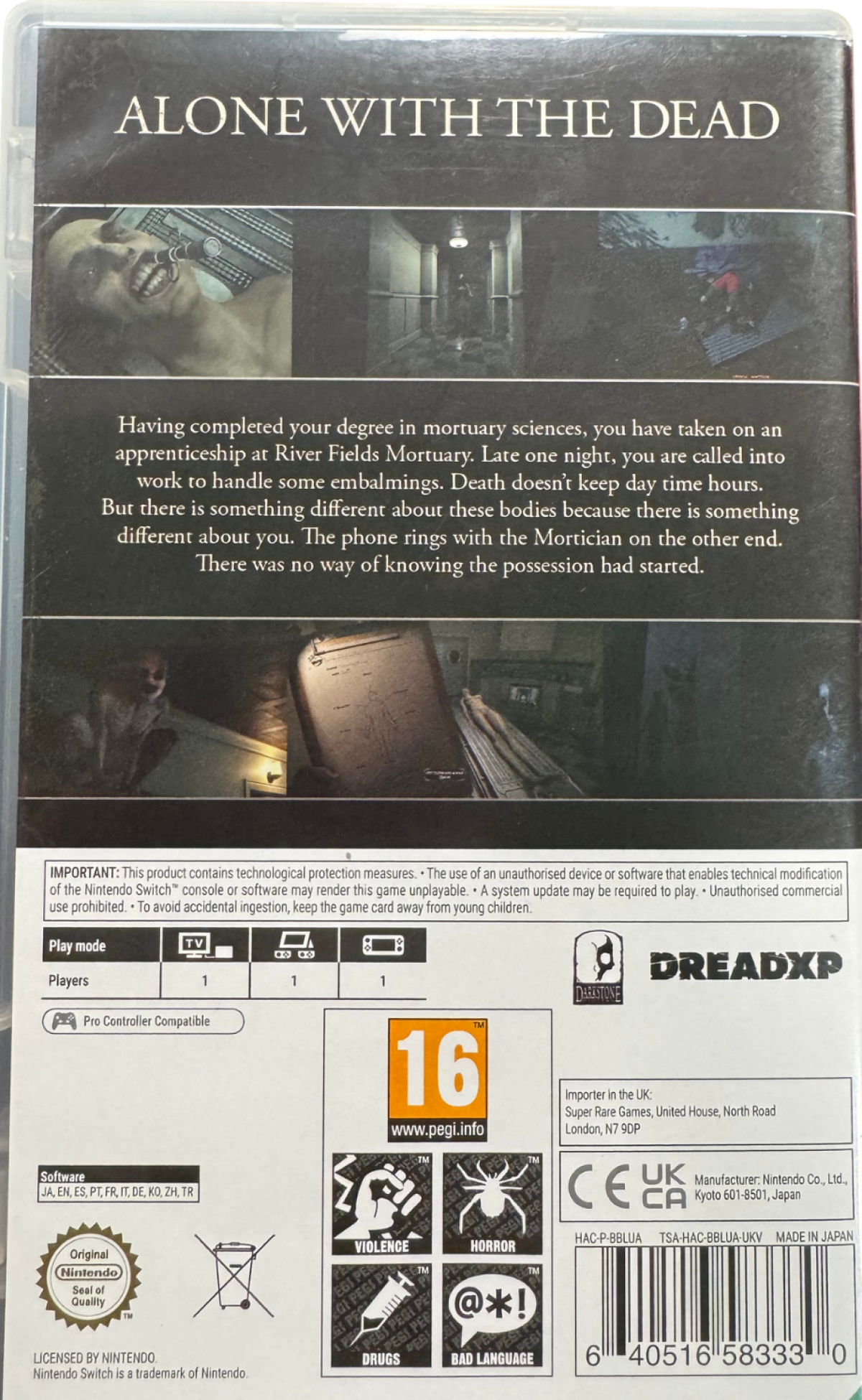 The Mortuary Assistant PAL Import Nintendo Switch NS video game featuring first person survival horror gameplay mortuary embalming tasks paranormal investigations supernatural entities demonic hauntings disturbing discoveries occult rituals atmospheric environments psychological horror jump scares and multiple story outcomes PAL region import edition Nintendo Switch horror gaming retro video game collection collectible gaming appeal back cover art