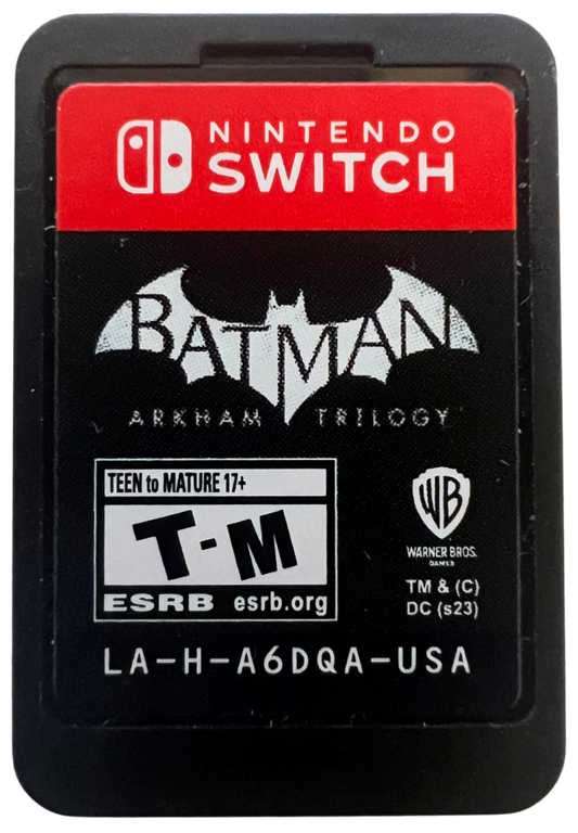 Batman Arkham Trilogy for Nintendo Switch, cartridge for an action-adventure video game collection with open-world gameplay, combat mechanics, stealth elements, and superhero storyline