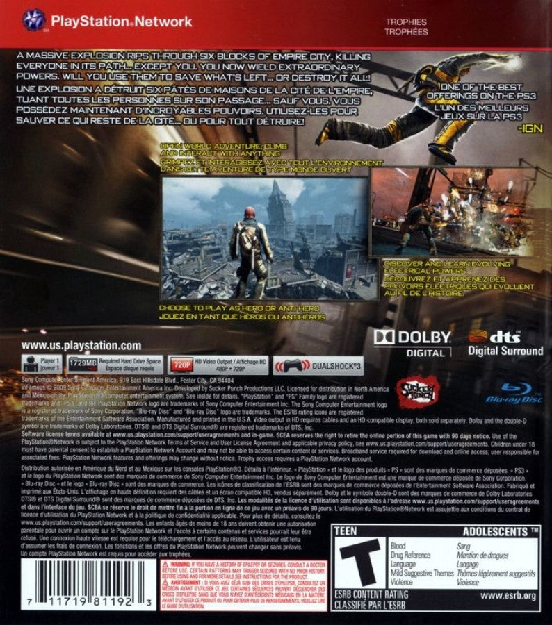 Infamous Greatest Hits back cover art for PlayStation 3 (PS3) video game