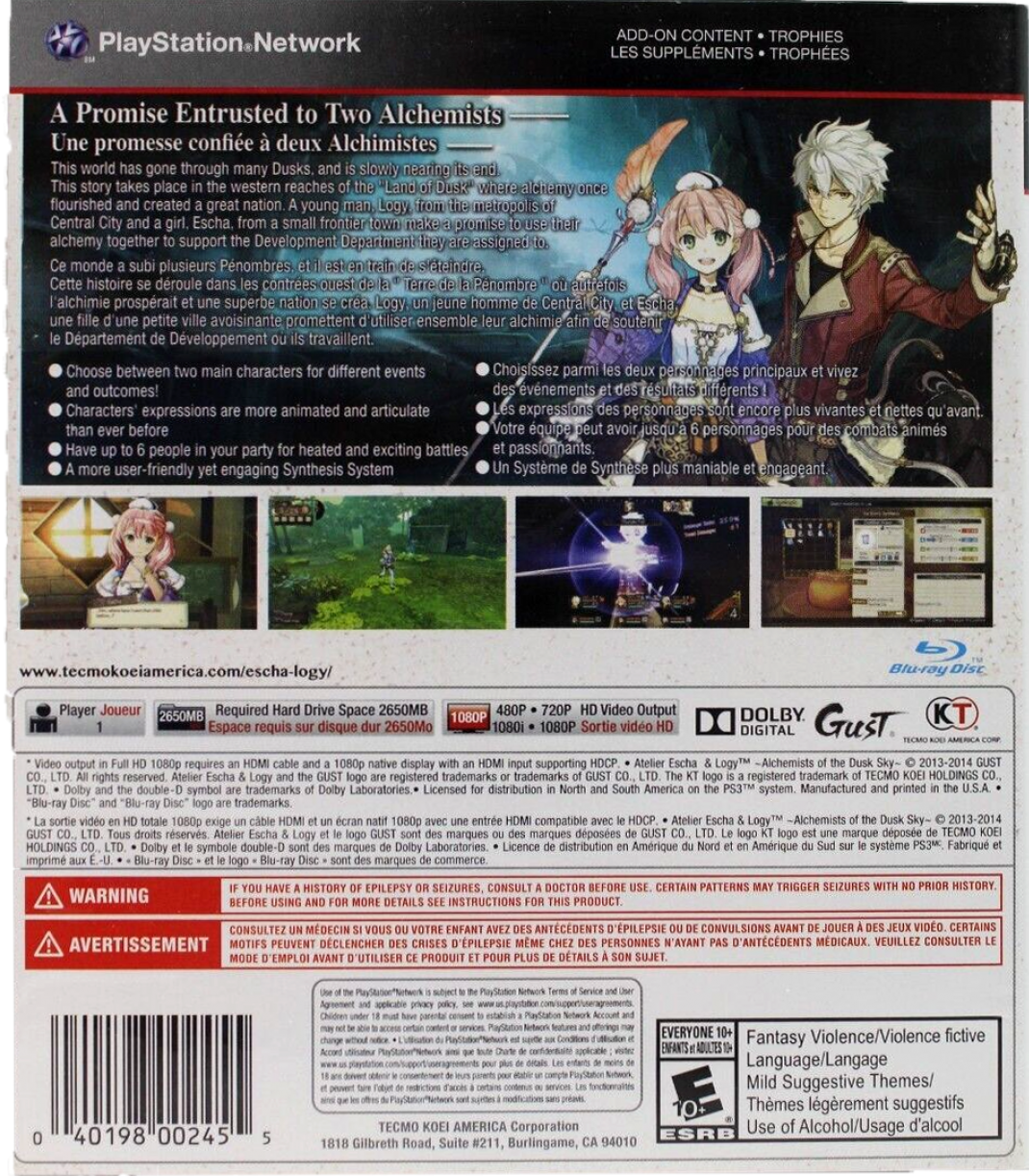 retro Atelier Escha and Logy Alchemists of the Dusk Sky PlayStation 3 PS3 cover art collectible JRPG anime fantasy game authentic classic gaming gameplay rear art